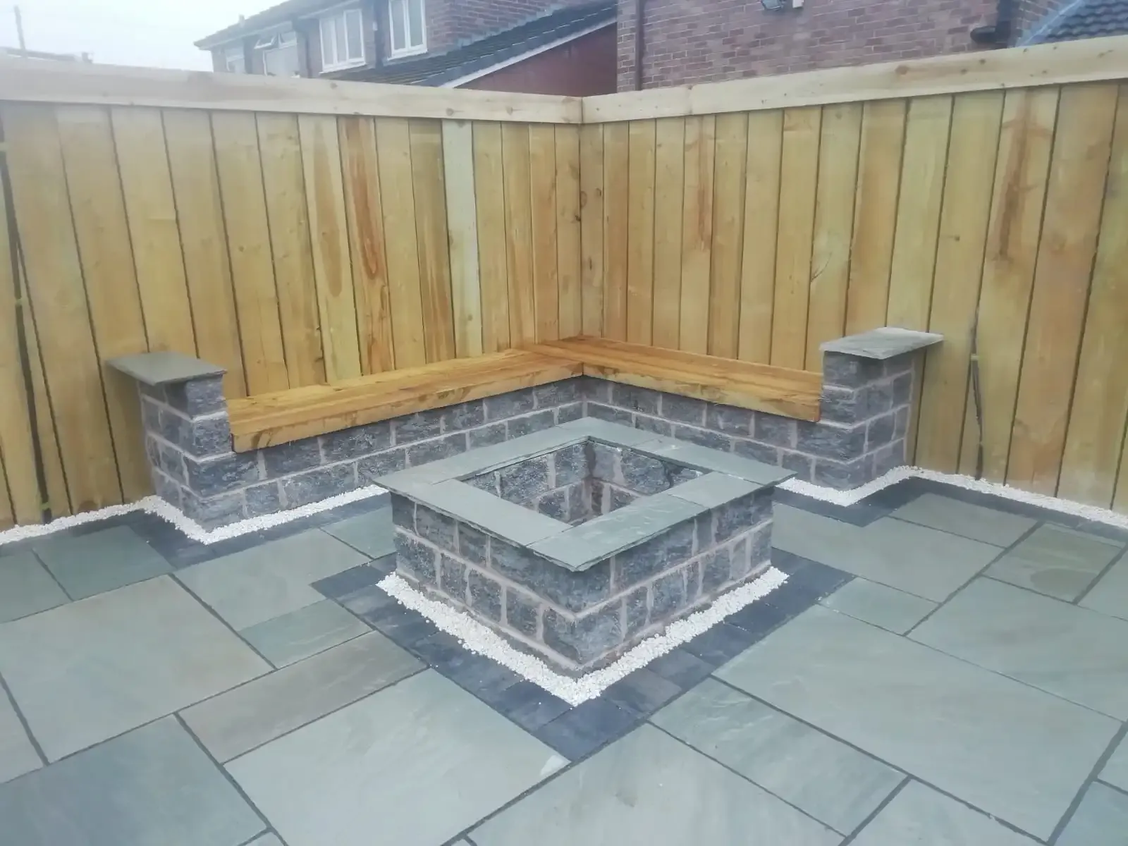 Patio with a fire pit and built-in seating